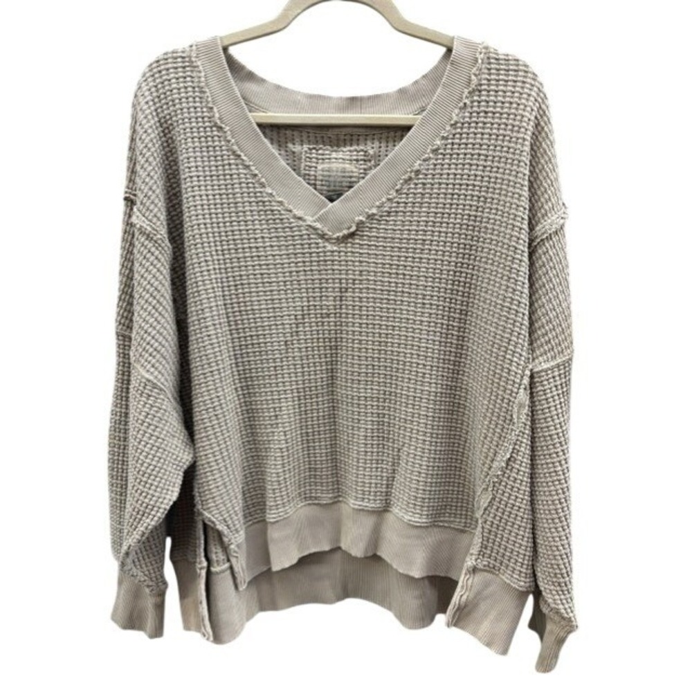 American Eagle Waffle Knit Thermal V-Neck Oversized Sweater Tan Beige Small